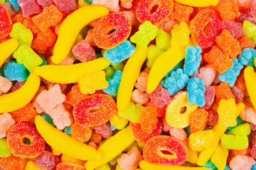 Assorted gummy candies. Top view. Jelly  sweets.