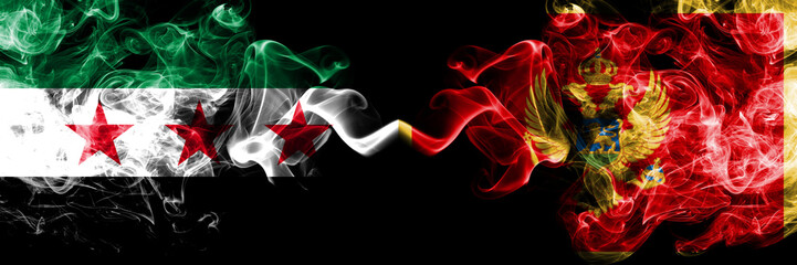 Syrian Arab Republic vs Montenegro, Montenegrin smoke flags placed side by side. Thick colored silky smoke flags of Syria opposition and Montenegro, Montenegrin