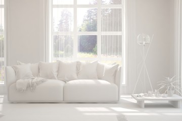 Mock up of stylish room in white color with sofa. Scandinavian interior design. 3D illustration