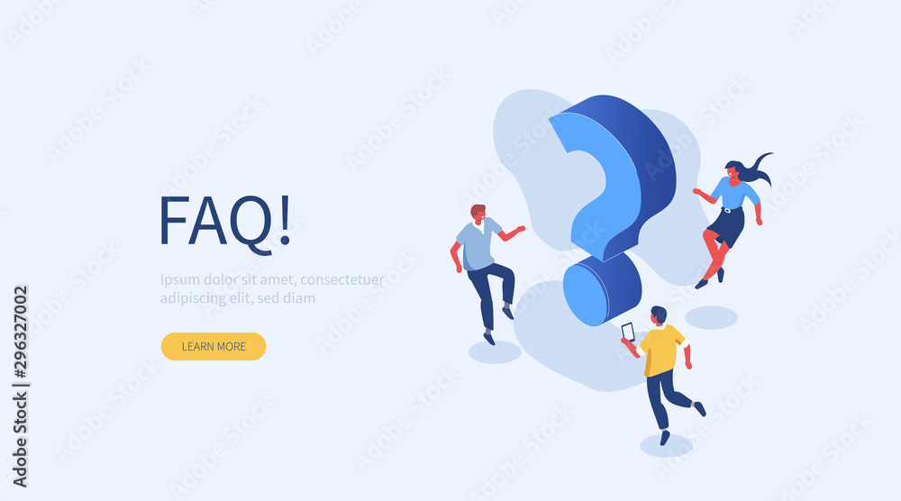 Poster people characters near question marks. woman and man ask questions and receive answers. online suppo