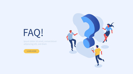 People Characters near Question Marks. Woman and Man Ask Questions and receive Answers. Online Support center. Frequently Asked Questions Concept. Flat Vector Illustration. - obrazy, fototapety, plakaty