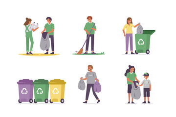 Obraz na płótnie Canvas People characters gathering waste and cleaning nature. Woman, man and kid disposing garbage into separate bins. Paper, plastic and other household waste recycling. Flat cartoon vector illustration.