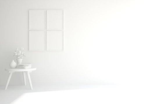 Empty room in white color with table. Scandinavian interior design. 3D illustration