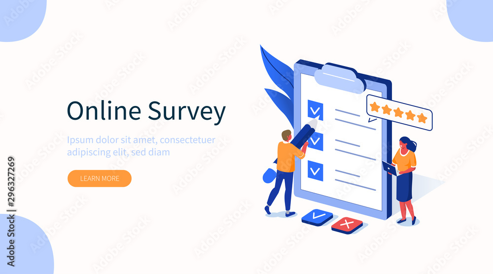Poster people characters filling test in customer survey form. woman and man putting check mark on checklis