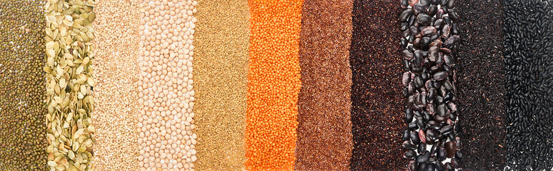 panoramic shot of assorted black beans, rice, quinoa, red lentil, buckwheat, chickpea, pumpkin seeds and maash