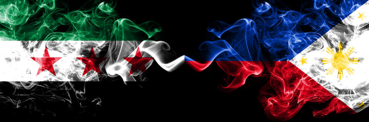Syrian Arab Republic vs Philippines, Filipino smoke flags placed side by side. Thick colored silky smoke flags of Syria opposition and Philippines, Filipino