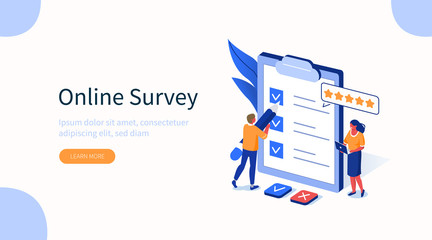  People Characters Filling Test in Customer Survey Form. Woman and Man putting Check Mark on Checklist. Customer Experiences and Satisfaction Concept. Flat Isometric Vector Illustration.