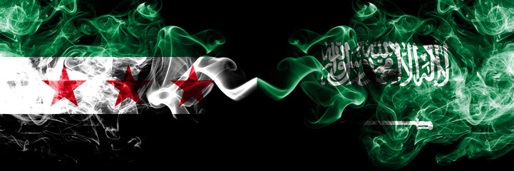 Syrian Arab Republic vs Saudi Arabia, Arabian smoke flags placed side by side. Thick colored silky smoke flags of Syria opposition and Saudi Arabia, Arabian