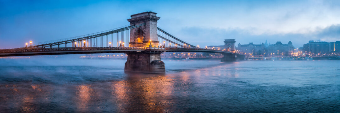 Chain Bridge panorama in Budapest, Hungary