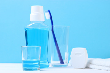 mouthwash on the table. Products to maintain oral cleanliness.