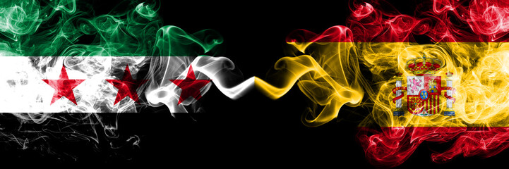Syrian Arab Republic vs Spain, Spanish smoke flags placed side by side. Thick colored silky smoke...