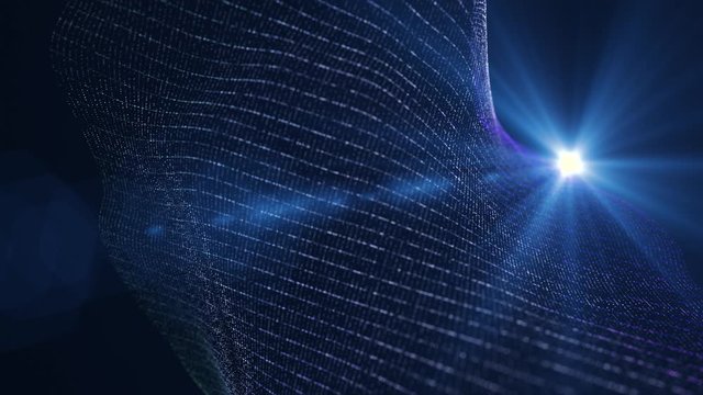 Digital blue color particles wave flow abstract motion background