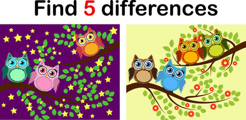 Cartoon Illustration of Find the Differences Educational Activity Game for Children with Owls