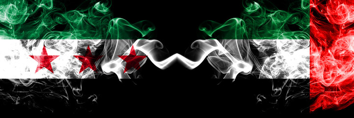 Syrian Arab Republic vs United Arab Emirates, Emirati smoke flags placed side by side. Thick colored silky smoke flags of Syria opposition and United Arab Emirates, Emirati