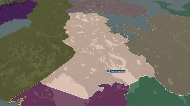 Karelia - republic of Russia (territory after annexation of Crimea in 2014) with its capital zoomed on the administrative map of the globe. Animation 3D