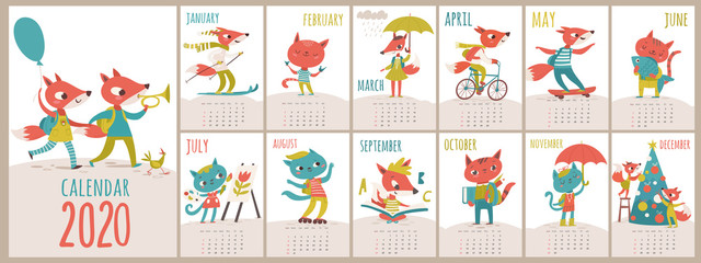 Vector 2020 calendar template with cats and foxes in kids cartoon style