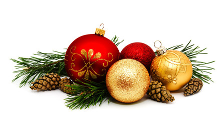 Christmas decoration golden yellow and red balls with fir cones and fir tree branches isolated