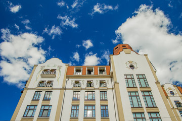 classic residence palace old exterior facade architecture photography foreshortening from below on...