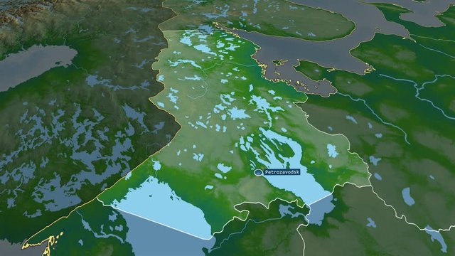 Karelia - republic of Russia (territory after annexation of Crimea in 2014) with its capital zoomed on the physical map of the globe. Animation 3D