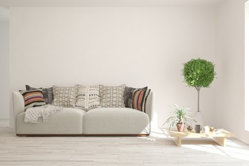 Stylish room in white color with sofa. Scandinavian interior design. 3D illustration