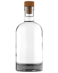 Clear White Glass Whiskey, Vodka, Gin, Liquor, Ticture, Moonshine or Tequila Bottle with Liquid. 750, 700, 1000 ml (70, 75, 100 cl) or 1, 0.7, 0.75 L of volume. 3D Illustration Isolated on White.