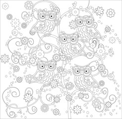 Coloring book for adult and older children. Coloring page with cute owl and floral frame. Outline drawing in zentangle style