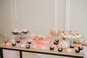 Candy bar with tasty desserts and appetizers at wedding reception. Decorated with flower compositions and candles. Sweet food, dessert, buffet, catering table, restaurant.