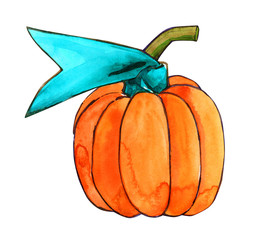 halloween vintage holiday Pumpkin ribbon decoration orange blue watercolor isolated