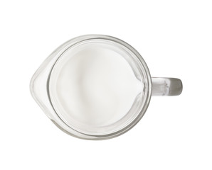 Top view of milk in glass jar isolated on white background