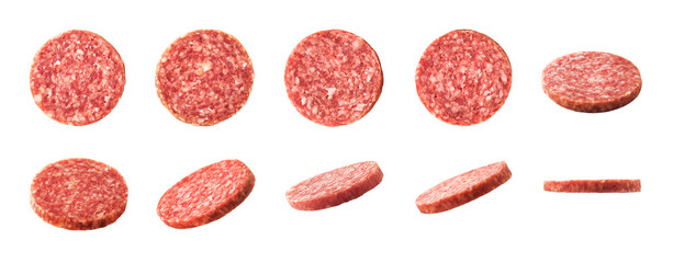 Top and side views of smoked salami sausage slices isolated on white background - obrazy, fototapety, plakaty