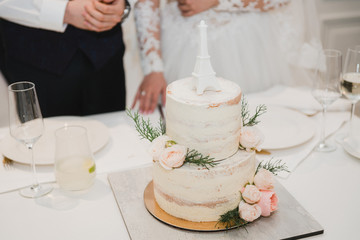 Stylish modern wedding cake. Beautiful dessert decorated with fresh flowers and greenery.