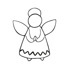 Single hand-drawn New Year and Xmas angel toy. In doodle style, black outline isolated on a white background. For banners, cards, coloring books, stikers, design, business. Vector illustration