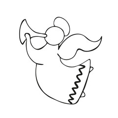 Single hand-drawn New Year and Xmas trumpeting angel toy. In doodle style, black outline isolated on a white background. For banners, cards, coloring books, stikers, design, business. Vector