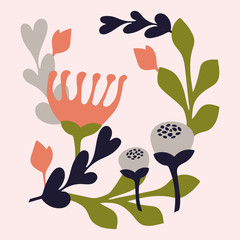 Naklejka premium Botanical illustration in Scandinavian style, wall art, poster. Dark blue, light grey, peach pink