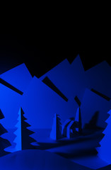 Snowy landscape of high mountain with white pines, and house in the middle of the landscape.