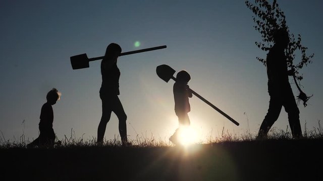 happy family agriculture of farmers a silhouette concept slow motion video. mom dad son and daughter children plant and water the tree outdoors in the park. happy family mother and little girl and boy