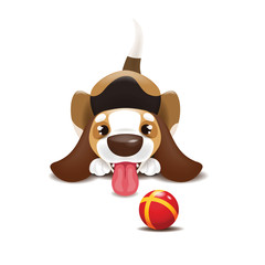 Vector illustration of a puppy who brought a ball and wags its tail. The puppy wants to play.