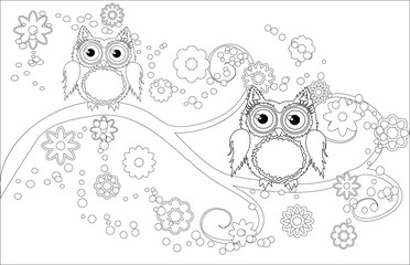 Coloring book for adult and older children. Coloring page with cute owl and floral frame. Outline drawing in zentangle style