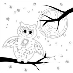 Coloring book for adult and older children. Coloring page with cute owl and floral frame. Outline drawing in zentangle style