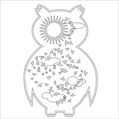 Coloring page with symbol moon, sun, owl. coloring book for adult, antistress, album, wall mural, art, tattoo. Black and white outline illustration.