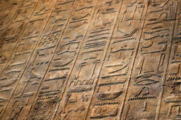Old egypt hieroglyphs carved on the stone. Ancient letter pattern