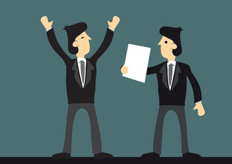 Happy successful businessman with his employee giving him a business deal for him. Concept of corporate culture, great leader and effective teamwork. Vector illustration.