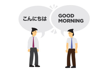 Two businessmen communicate in different languages. Concept of international business or corporate collaboration. English and Japanese.