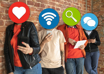 Creative millenial people connecting and sharing social media. Modern UI icons as heads. Concept of contemporary technology, networking, gadgets in our common life. Yong happy men and women with