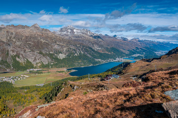 view of Lake Silvaplana and St. Moritz from Furtschellas in Engadin in Autumn