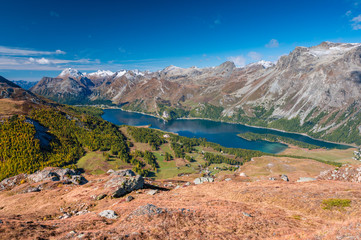 view of Lake Sils from Furtschellas in Engadin in Autumn