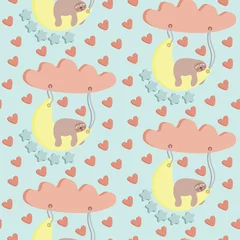 Wallpaper murals Sloths seamless pattern, sloth sleeping on the moon, with stars, clouds and heart shapes