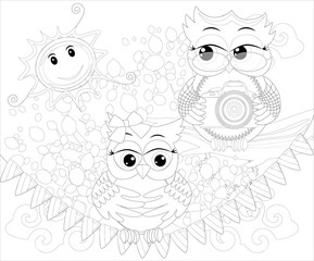 Doodles design of a photographer owl taking photo. coloring book for adult, card,poster,banner