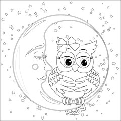 Cute owl on half moon with stars. Adult anti stress coloring book or tattoo boho style.