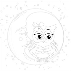 Cute owl on half moon with stars. Adult anti stress coloring book or tattoo boho style.